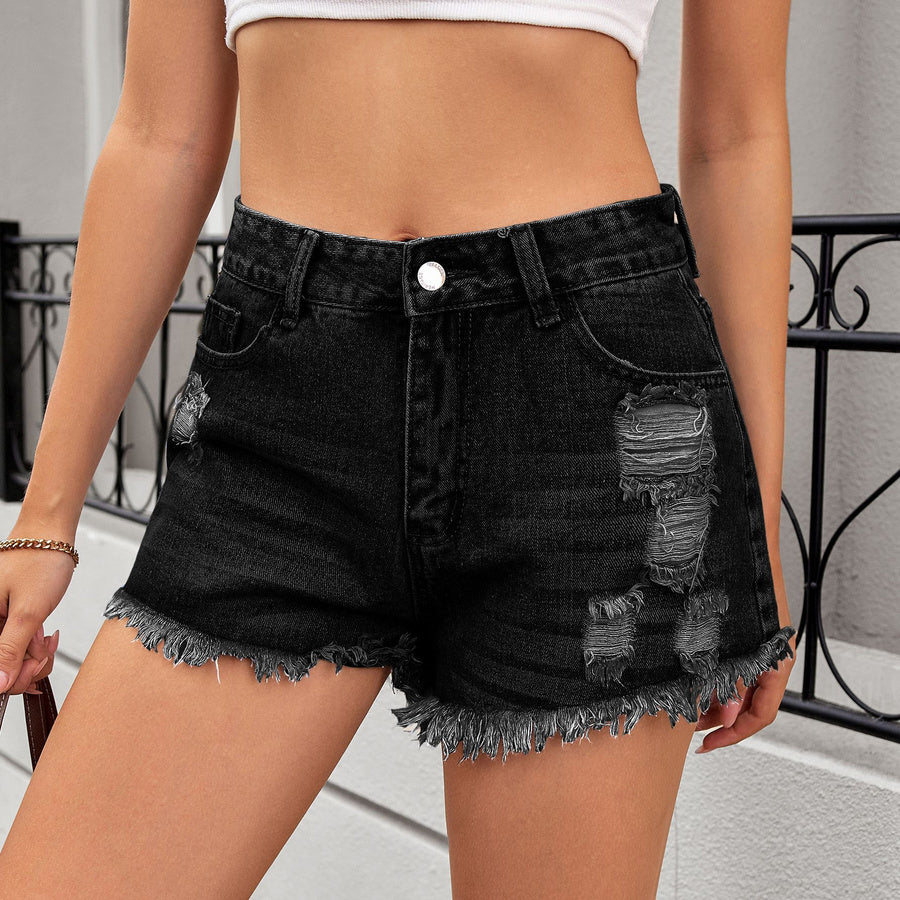 Stylish non-stretch 3 colors hole mid waist denim shorts