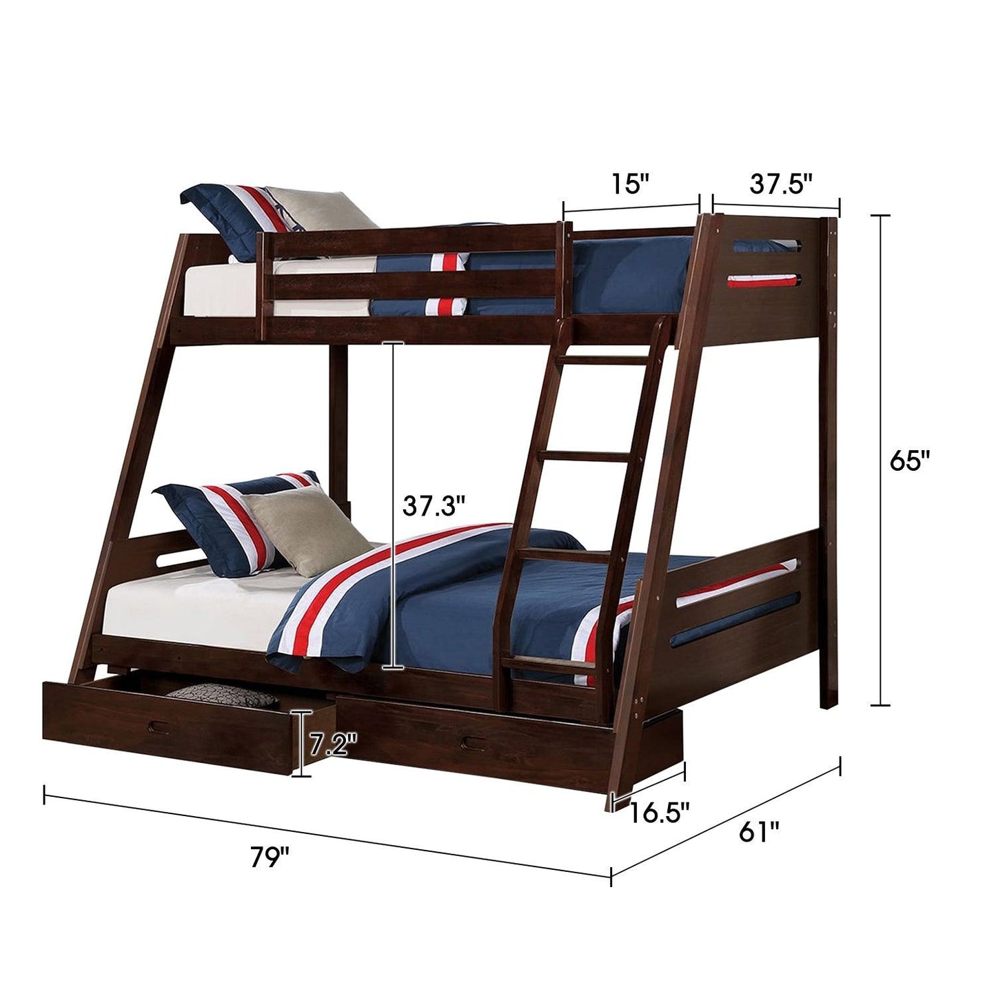 Solid Wood Twin / Full Bunk Bed with Reversible Angled Ladder and Underbed Drawers