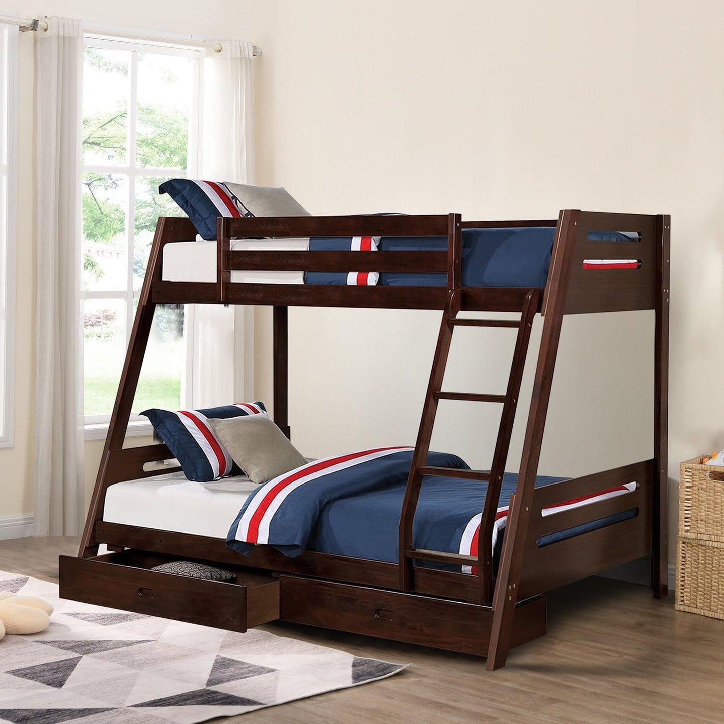 Solid Wood Twin / Full Bunk Bed with Reversible Angled Ladder and Underbed Drawers