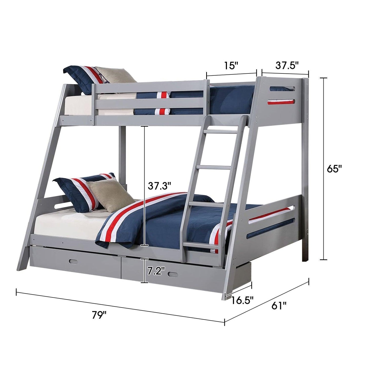 Solid Wood Twin / Full Bunk Bed with Reversible Angled Ladder and Underbed Drawers