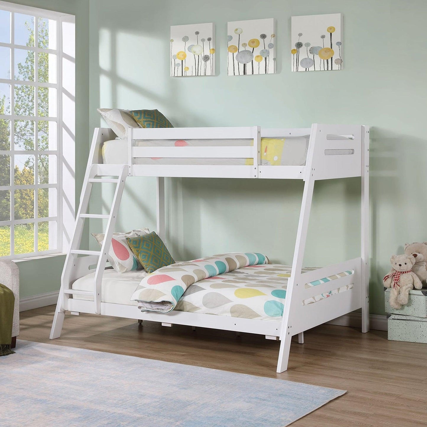 Solid Wood Twin / Full Bunk Bed with Reversible Angled Ladder and Underbed Drawers