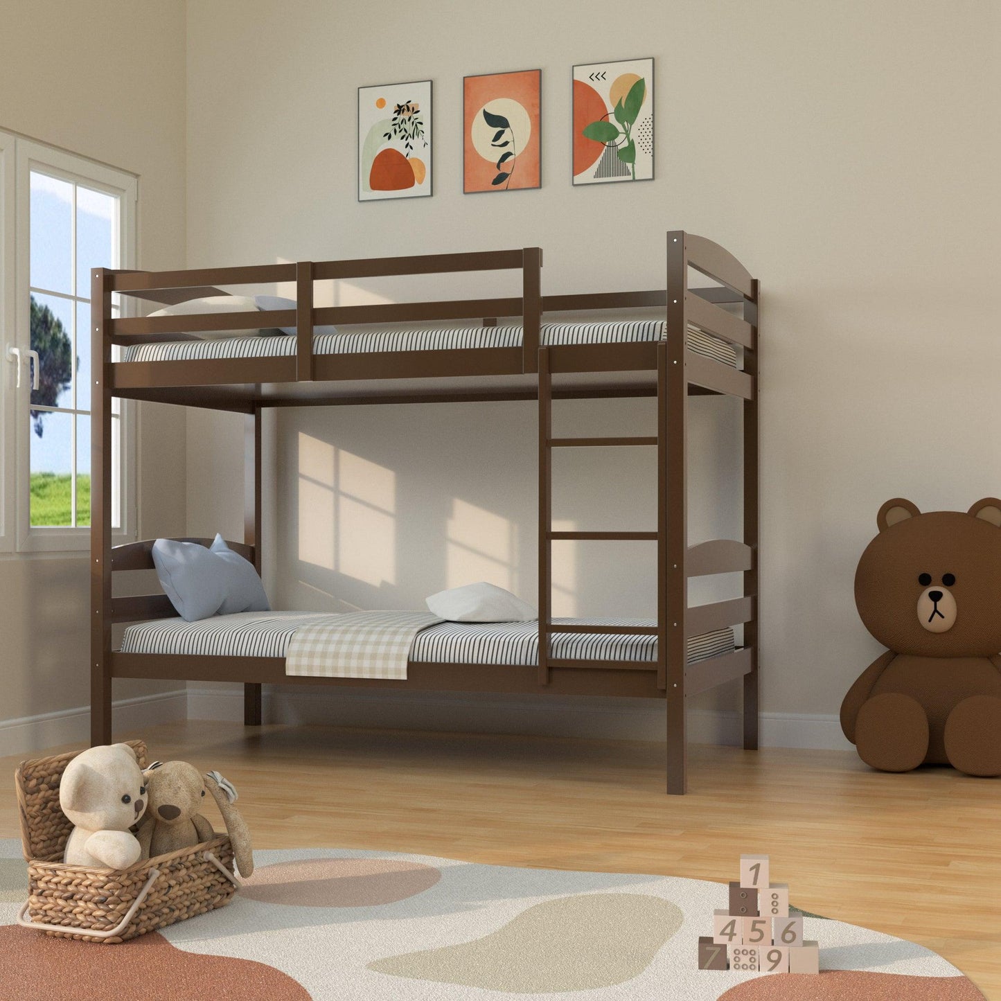 Transitional Solid Hardwood Twin over Twin Bunk Bed, Patented Insert & Lock Joint for Extra Safety for Kids