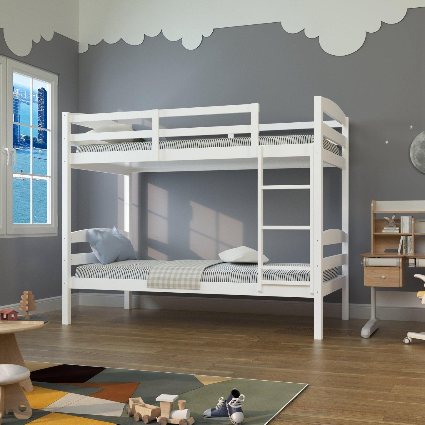Transitional Solid Hardwood Twin over Twin Bunk Bed, Patented Insert & Lock Joint for Extra Safety for Kids