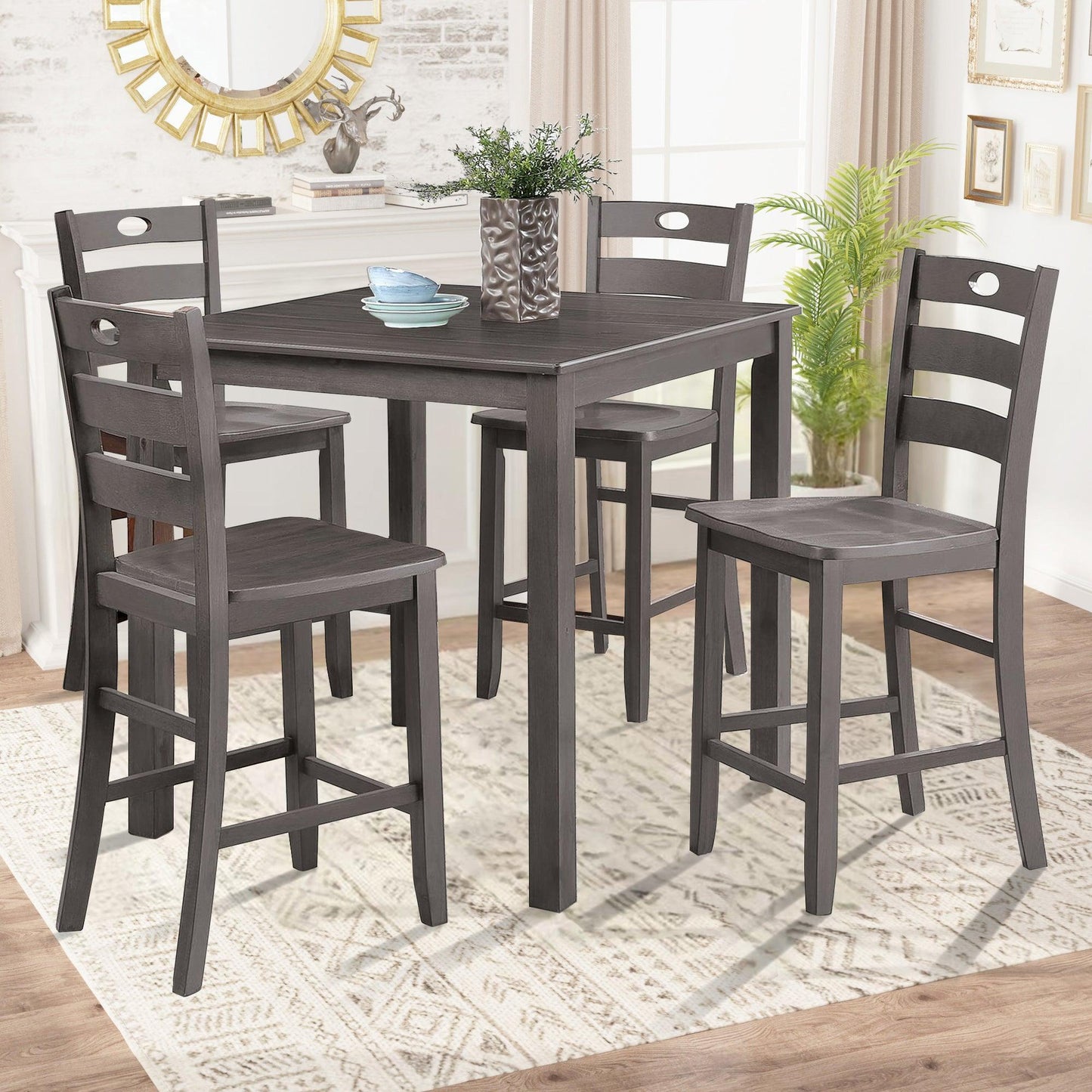 36"H Solid Rubberwood and Wood Veneer 5-Piece Counter Ht. Table Set