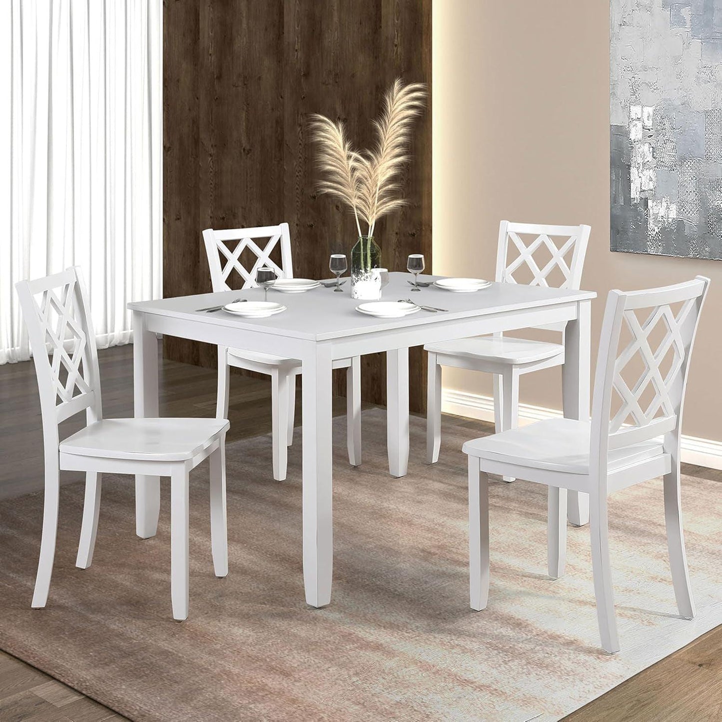 48"W Solid Rubberwood 5-Piece Dining Table Set with Diamond Chair Back
