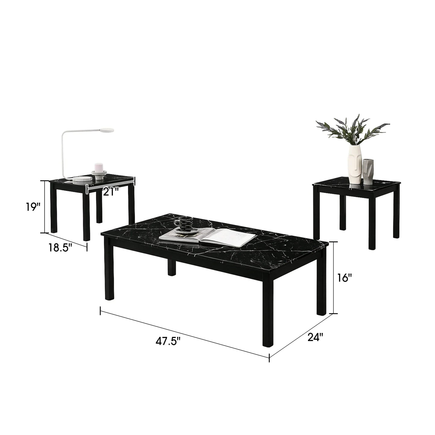 Findlay 3-Piece 47.5 in. Rectangle Faux Marble Top Coffee Table Set with Solid Wood Legs