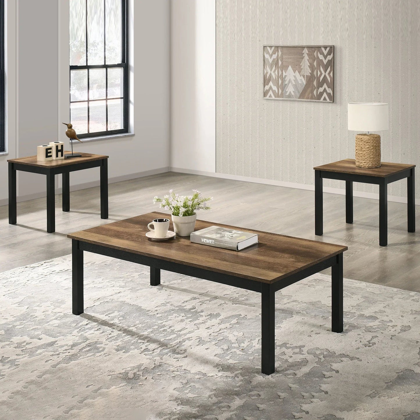 Findlay 3-Piece 47.5 in. Rectangle Faux Marble Top Coffee Table Set with Solid Wood Legs