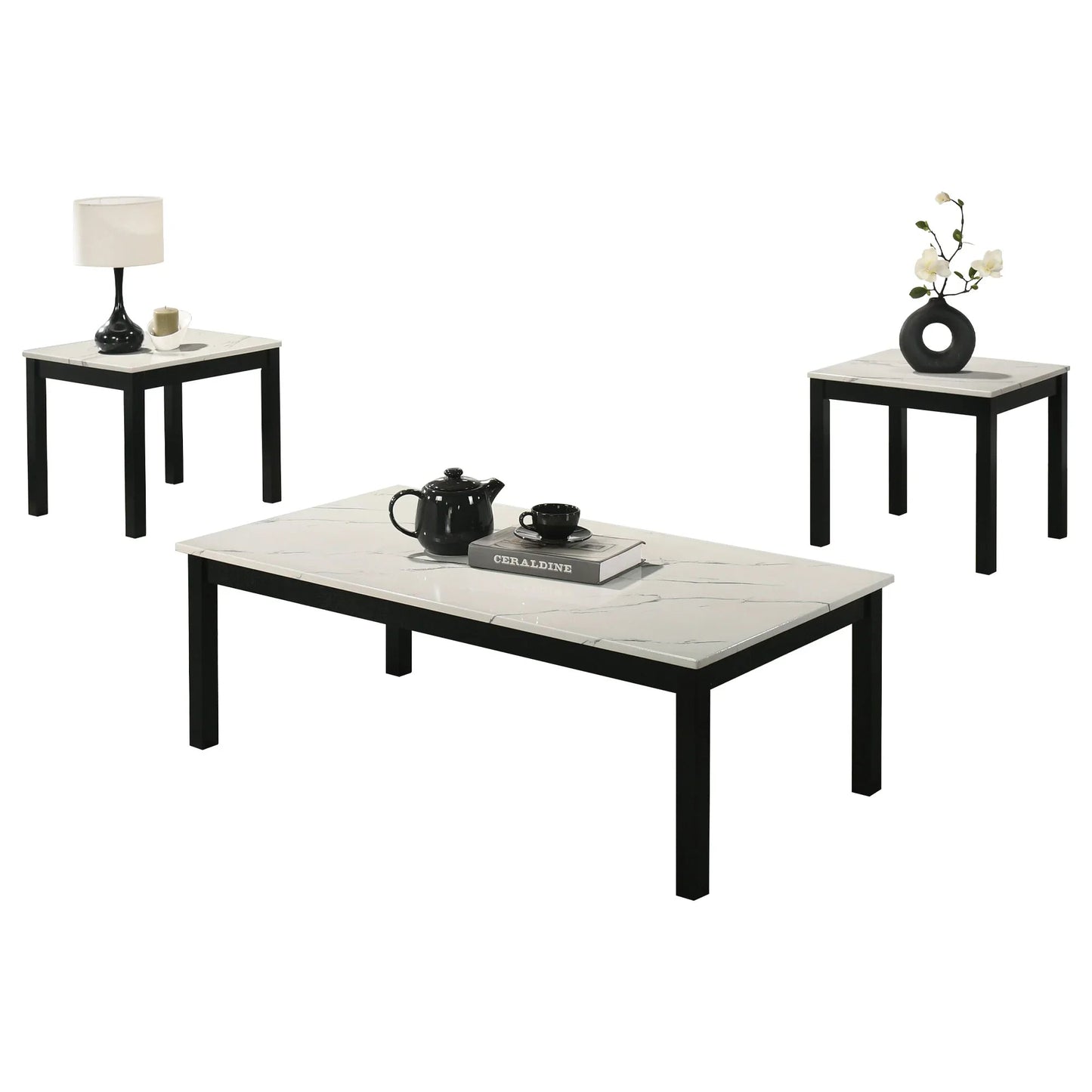 Findlay 3-Piece 47.5 in. Rectangle Faux Marble Top Coffee Table Set with Solid Wood Legs