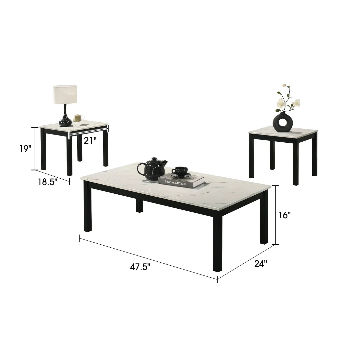 Findlay 3-Piece 47.5 in. Rectangle Faux Marble Top Coffee Table Set with Solid Wood Legs