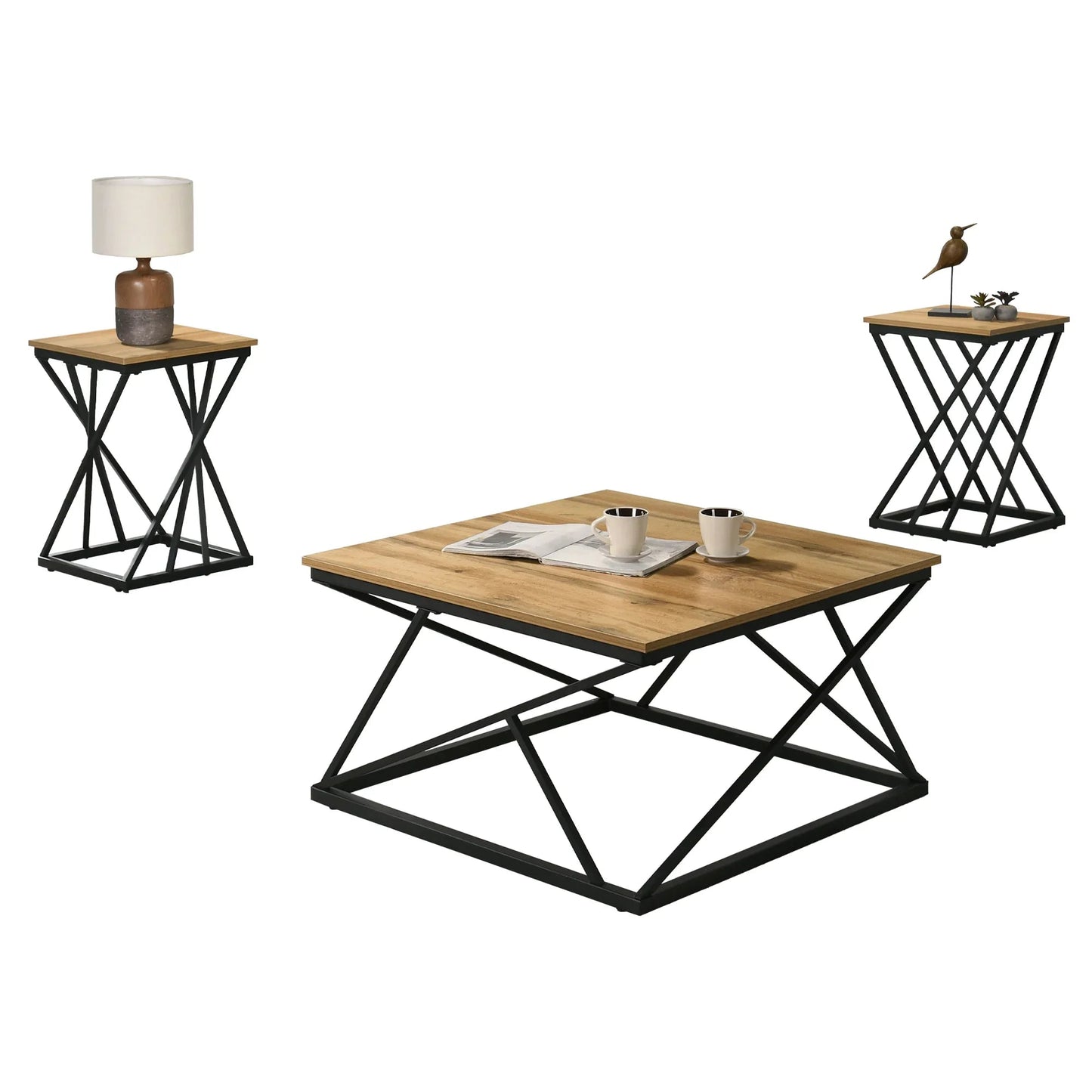 Borup Rustic 31.5" 3-Piece Coffee Table Set with Decorative Wrought Metal Side