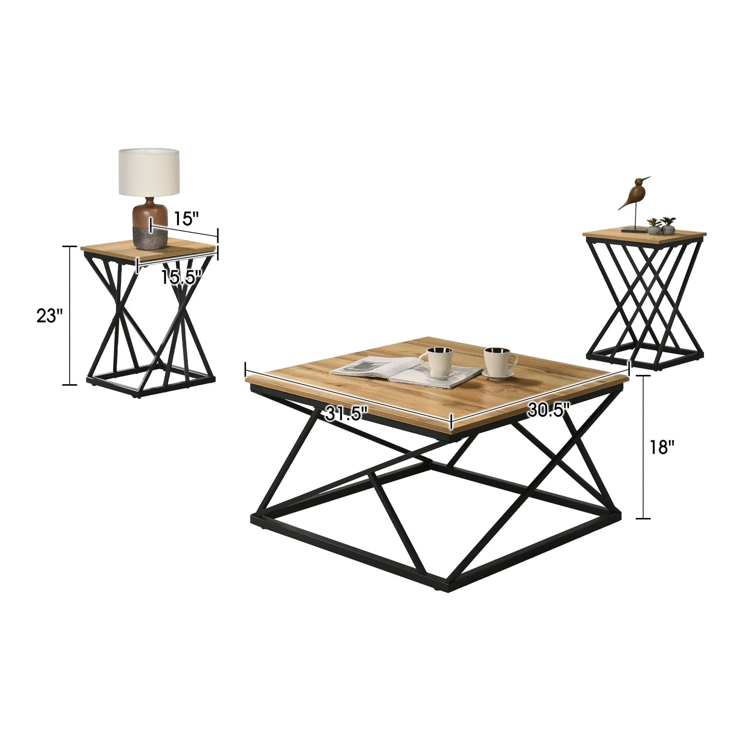 Borup Rustic 31.5" 3-Piece Coffee Table Set with Decorative Wrought Metal Side