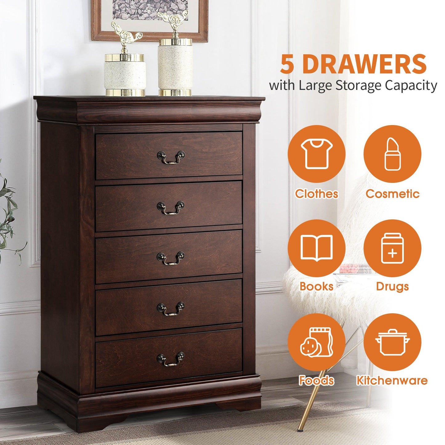Transitional 5-Drawer 31.5 in. Wide Chest of Drawers with Bracket Feet