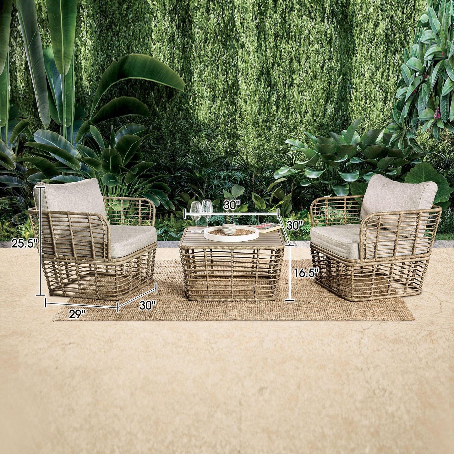 Johari Contemporary 3-Piece Outdoor Rattan Conversation Set