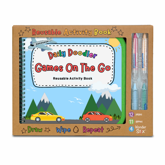 NEW! Daily Doodler Reusable Activity Book-Games on the Go, Includes 4 Wonder Stix