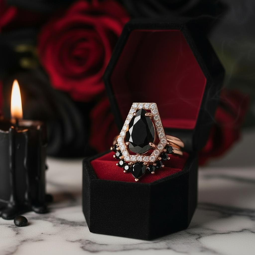 Faithfulness-1ct Black Pear Cut Diamond Option 14k White Gold Coffin Ring Set