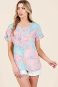 T-Shirts Trendsi Shorts - Floral Whimsy Short Sleeve Tee