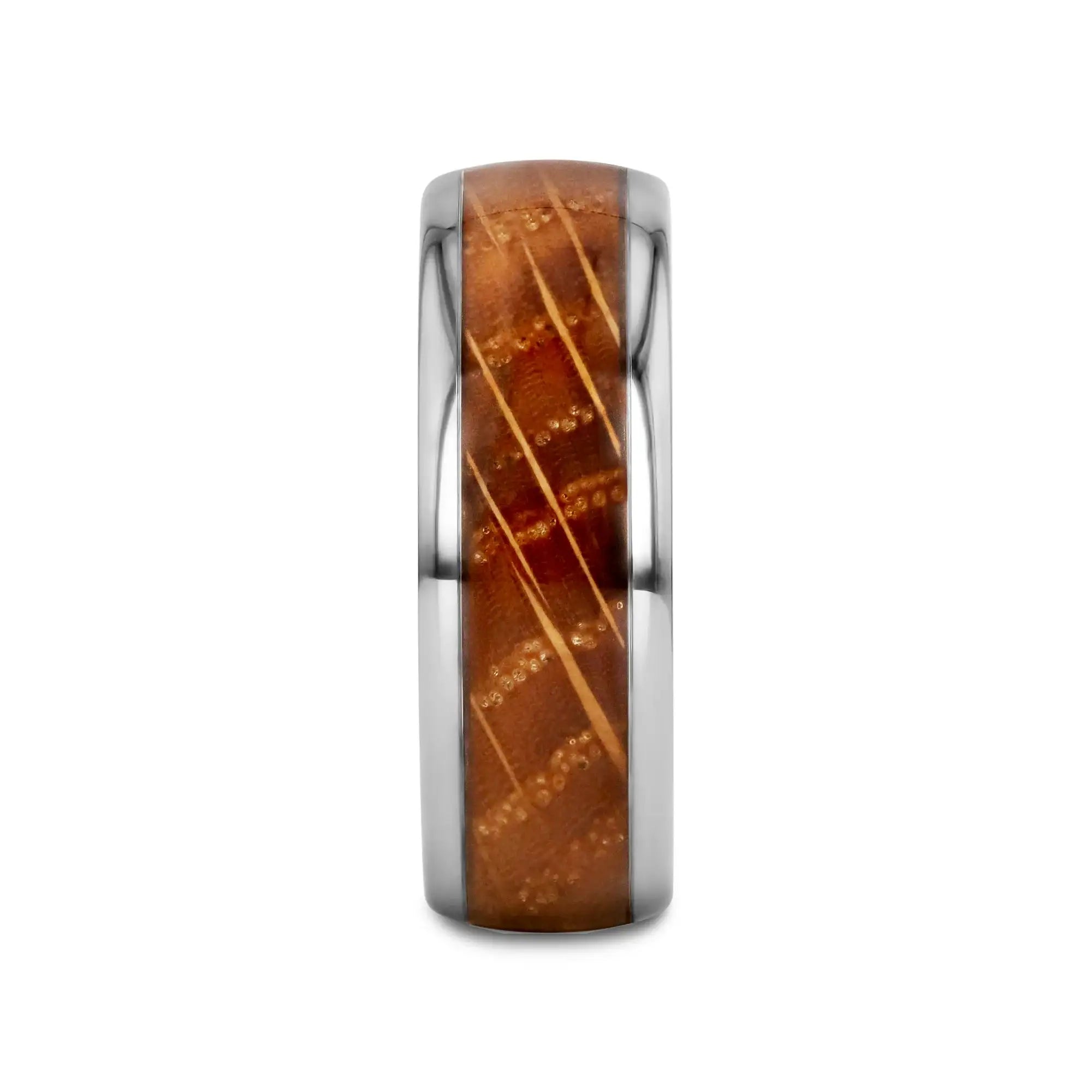 FORMENT Whiskey Barrel Inlaid Tungsten Men's Wedding Band With Domed Polished Edges Made From Genuine Whiskey Barrels - 8mm