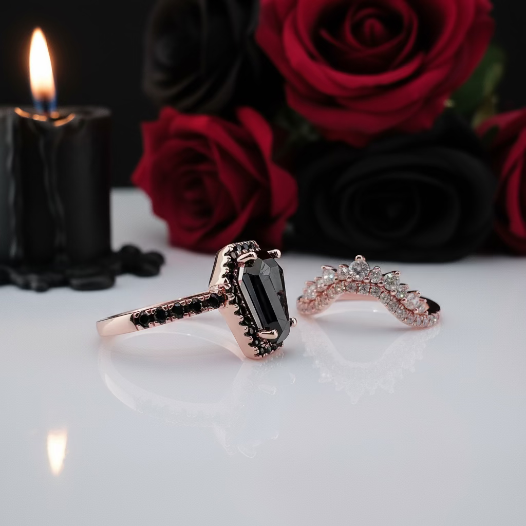 Best Love Rings- Rare Coffin Cut Diamond Option 14k Gold Gothic Ring Set