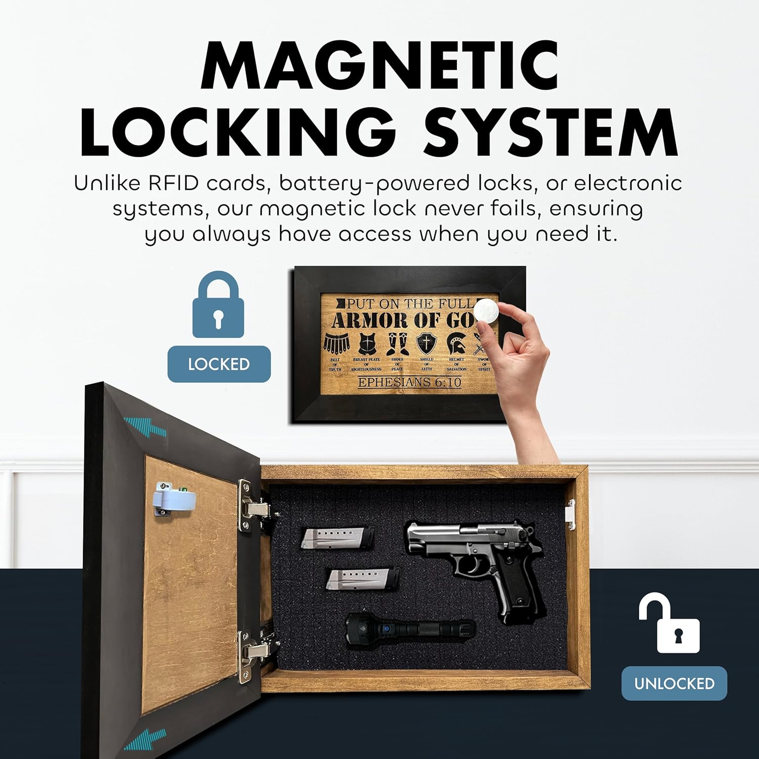 Hidden Gun Cabinet Put On The Full Armor Of God, Secure Concealed Ephesians 6:10 Gun Safe by Bellewood Designs