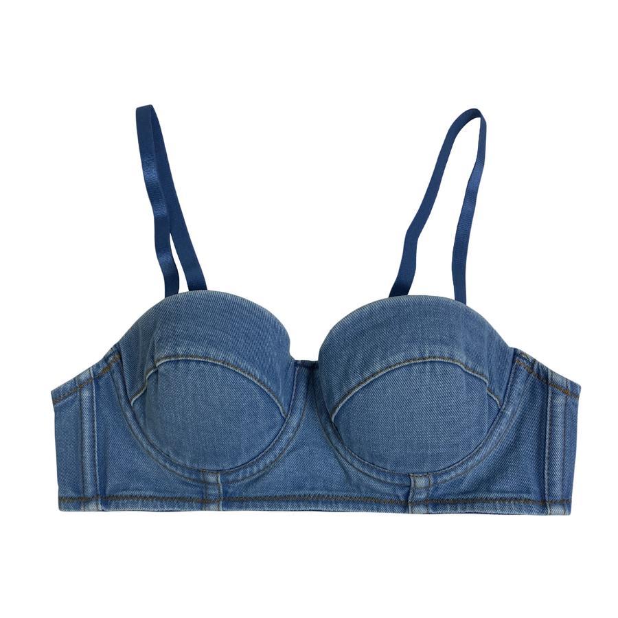 Sexy non-stretch simple solid color padded tight sling denim bralette