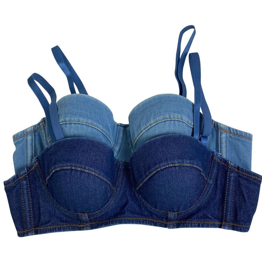 Sexy non-stretch simple solid color padded tight sling denim bralette