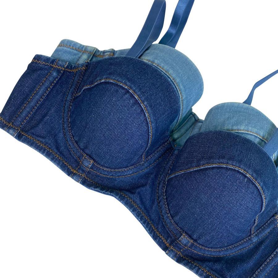 Sexy non-stretch simple solid color padded tight sling denim bralette