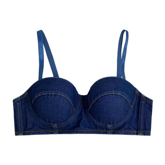 Sexy non-stretch simple solid color padded tight sling denim bralette
