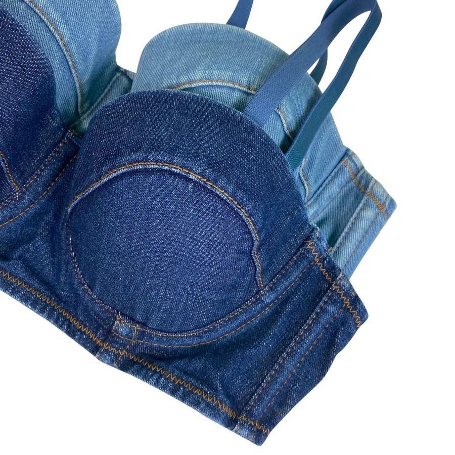 Sexy non-stretch simple solid color padded tight sling denim bralette