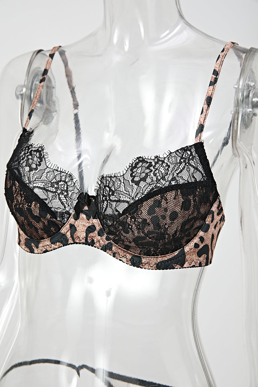 Sexy slight stretch leopard printing lace trim with underwire two-piece set