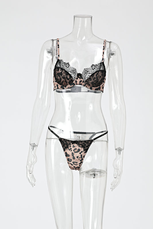 Sexy slight stretch leopard printing lace trim with underwire two-piece set