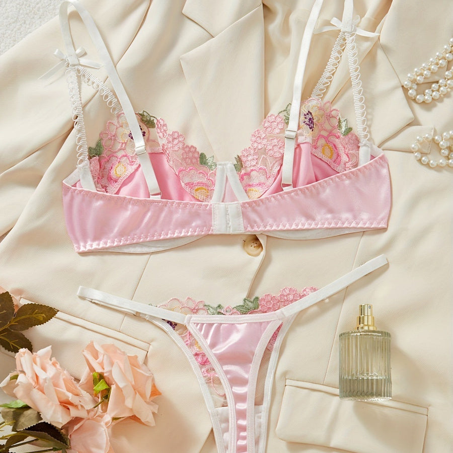 Sexy non-stretch stitching flower embroidery meh with underwire two-piece set