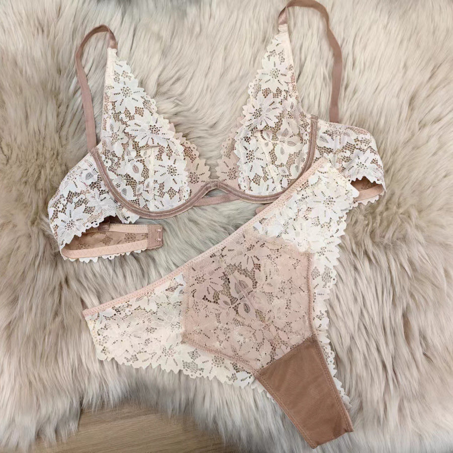 Sexy slight stretch contrast color lace with underwire two-piece set