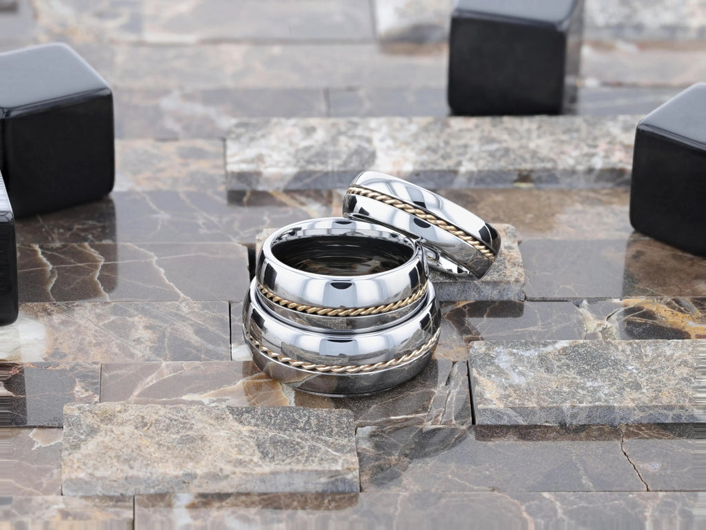 GOLDWYN Braided 14k Gold Inlay Domed Tungsten Ring - 6mm or 8mm