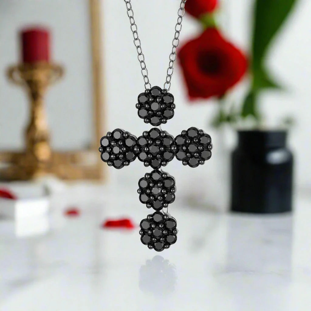 Round-cut Black Spinel Cross Goth Necklace
