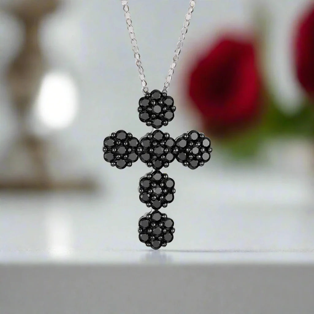 Round-cut Black Spinel Cross Goth Necklace