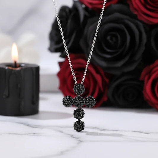 Round-cut Black Spinel Cross Goth Necklace