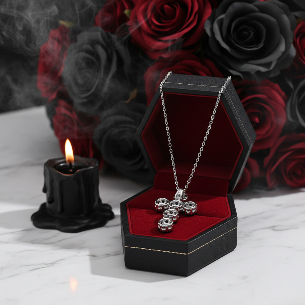 Round-cut Black Spinel Cross Goth Necklace