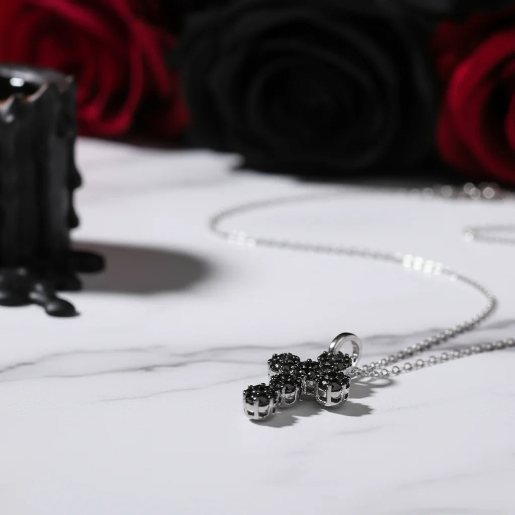 Round-cut Black Spinel Cross Goth Necklace
