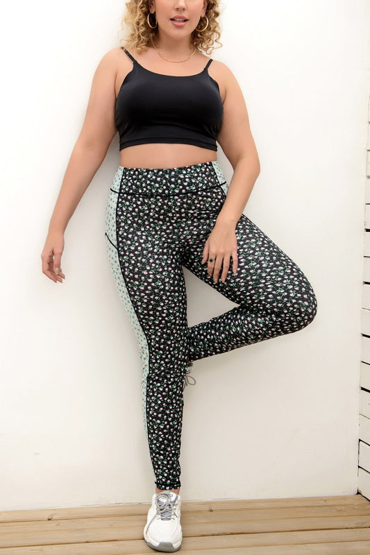 Spring & Summer new contrast color floral batch printing patchwork stretch high waist stylish slim sport pant