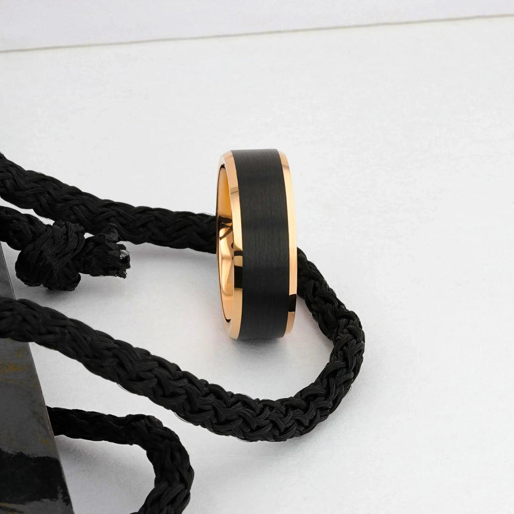 HAYDEN Rose Gold Plated Tungsten Beveled Ring with Brushed Black Center, Comfort Fit (6mm & 8mm)