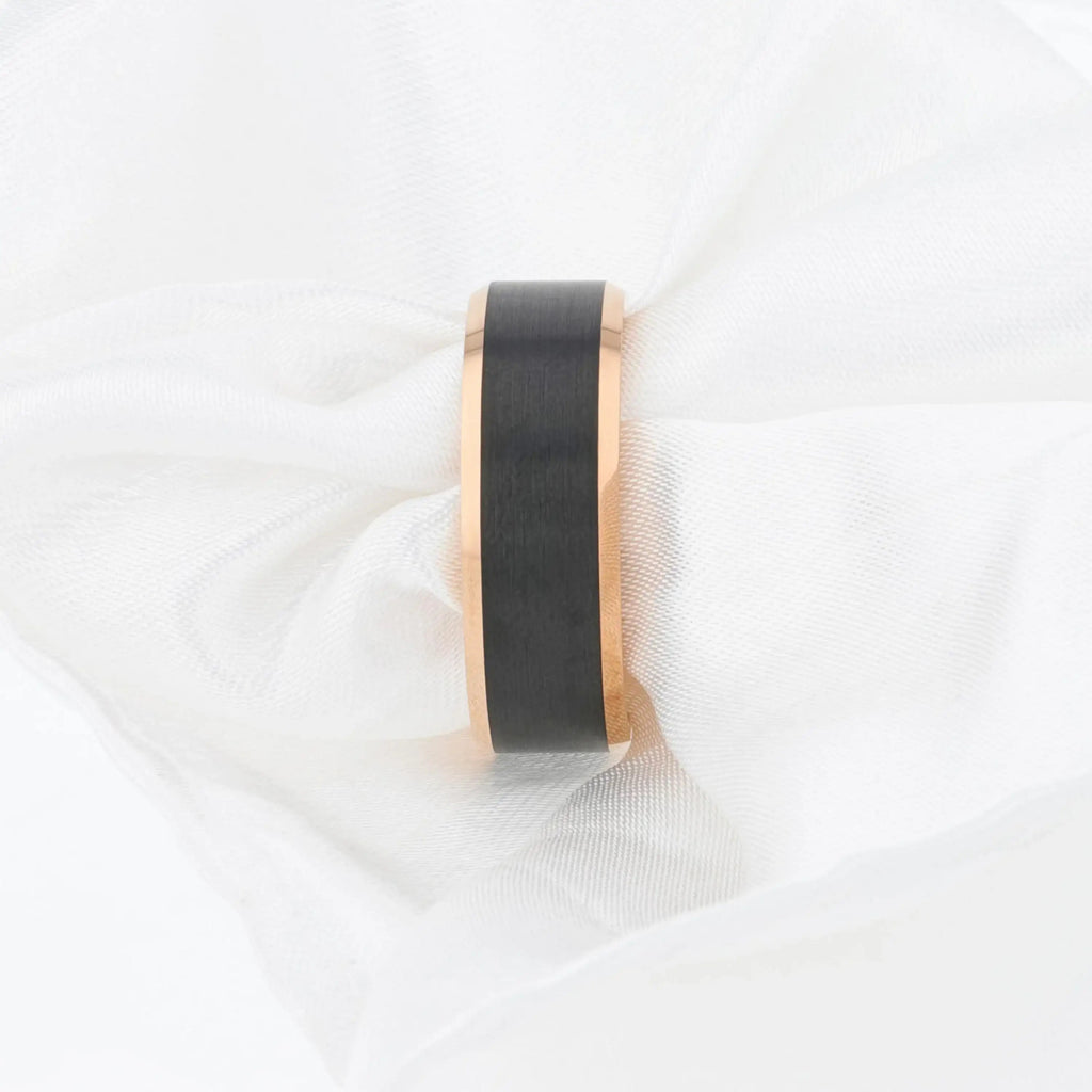 HAYDEN Rose Gold Plated Tungsten Beveled Ring with Brushed Black Center, Comfort Fit (6mm & 8mm)