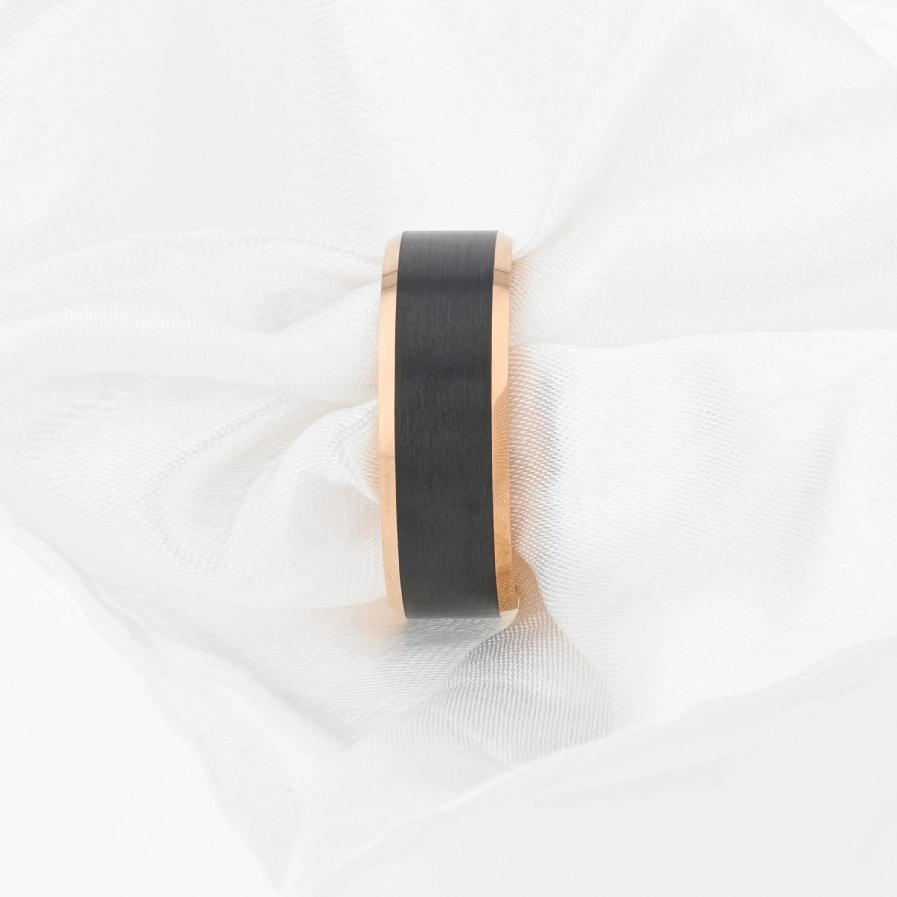 HAYDEN Rose Gold Plated Tungsten Beveled Ring with Brushed Black Center, Comfort Fit (6mm & 8mm)