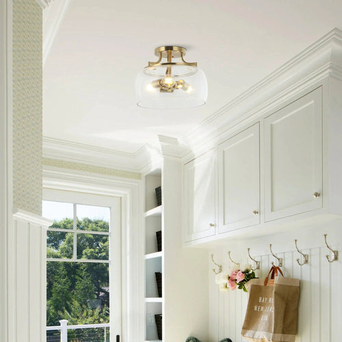 13 Inch 3-Light Brass Gold Semi-Flush Mount Ceiling Light Fixture with Clear Glass Shade