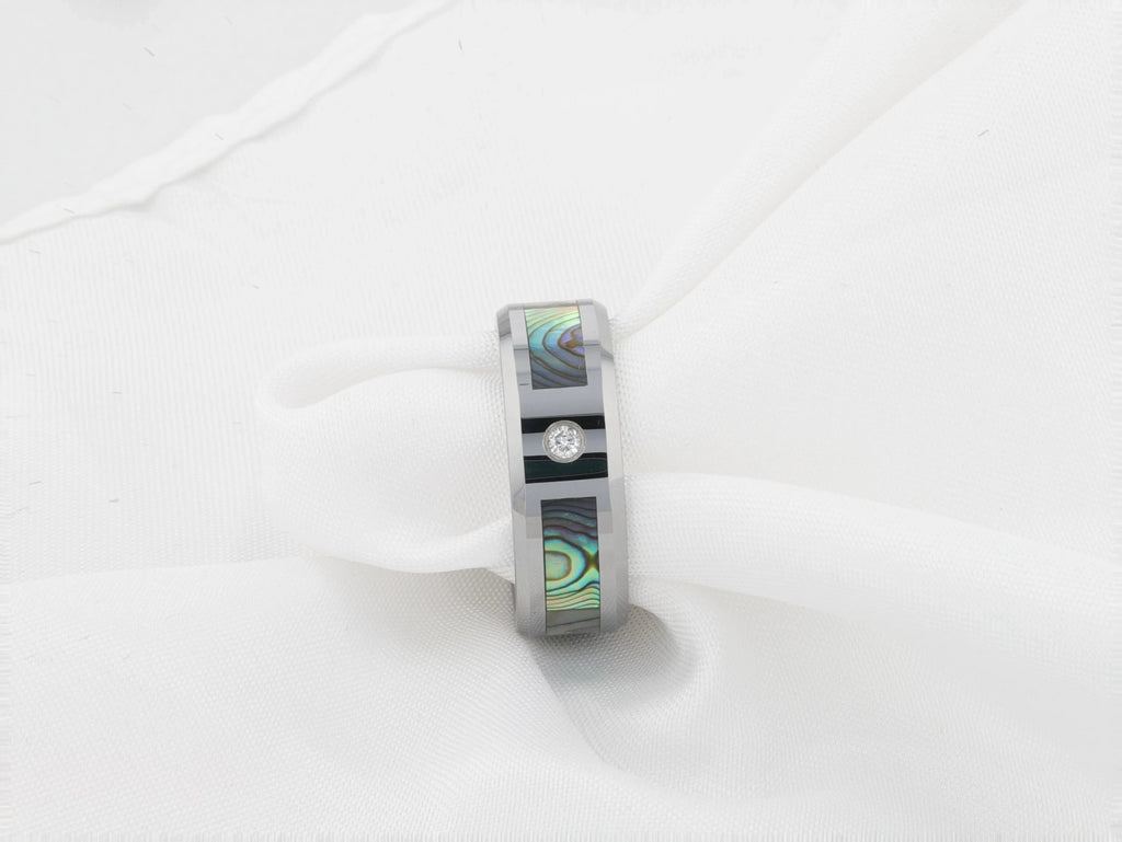 HONOLULU Mother of Pearl Inlay Tungsten Carbide Ring with Beveled Edges and White Diamond - 8mm