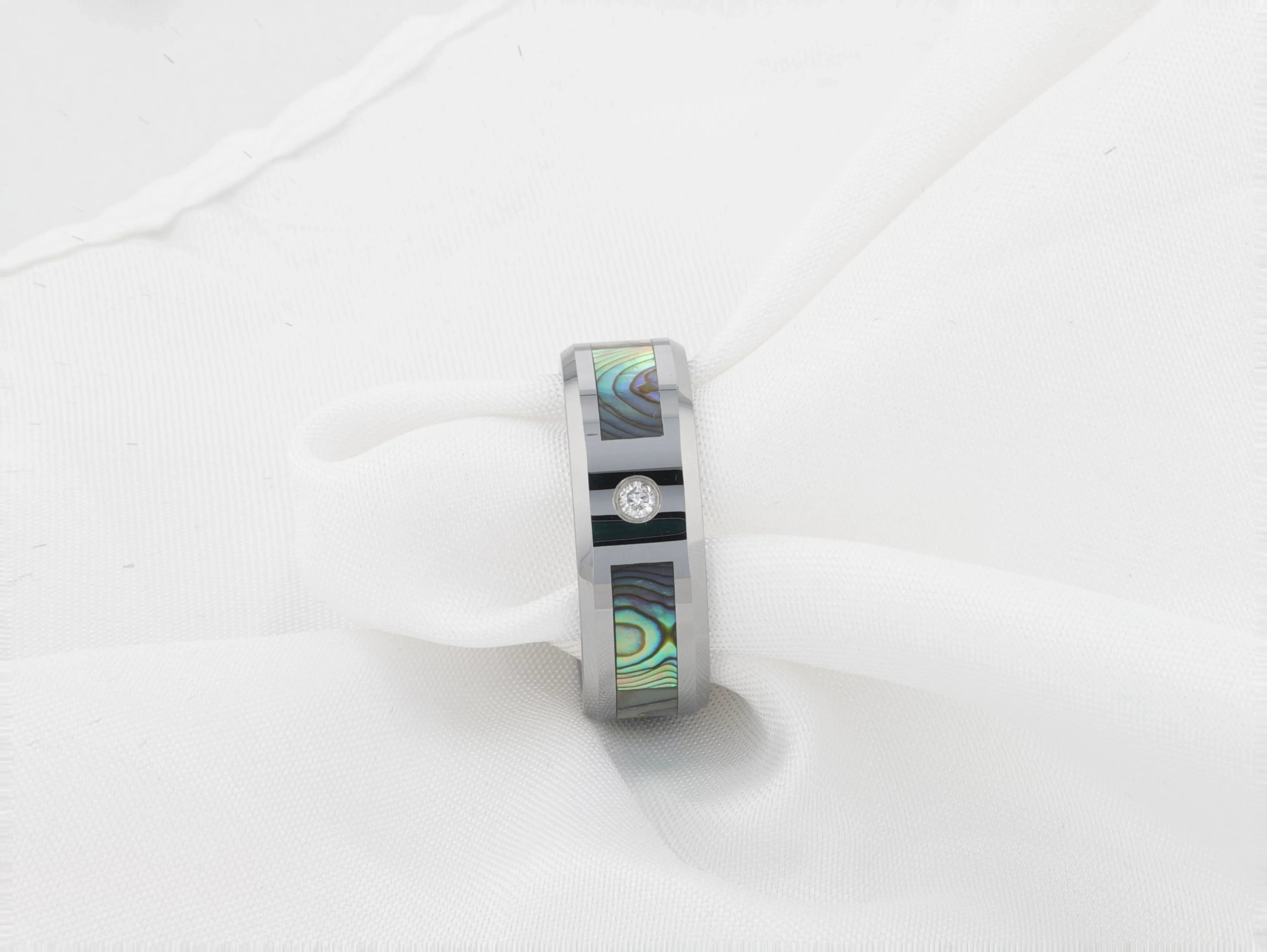 HONOLULU Mother of Pearl Inlay Tungsten Carbide Ring with Beveled Edges and White Diamond - 8mm