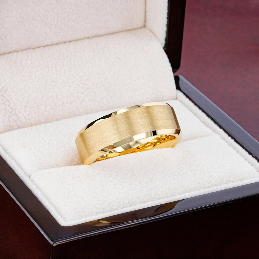 HONOR Gold-Plated Tungsten Beveled Edge Flat Ring with Brushed Center – 6mm & 8mm