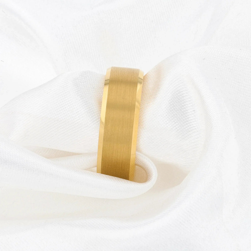 HONOR Gold-Plated Tungsten Beveled Edge Flat Ring with Brushed Center – 6mm & 8mm