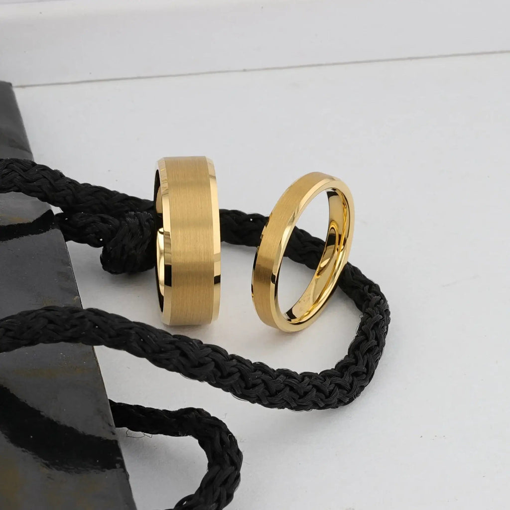 HONOR Gold-Plated Tungsten Beveled Edge Flat Ring with Brushed Center – 6mm & 8mm