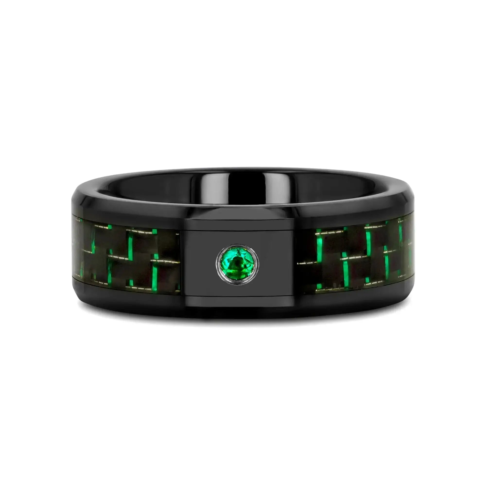 HADAR Black Ceramic Ring with Black and Green Carbon Fiber and Green Emerald Setting - 8mm