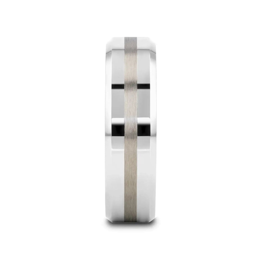 HALSTEN Platinum Inlaid Beveled Tungsten Carbide Wedding Ring - 6mm & 8mm